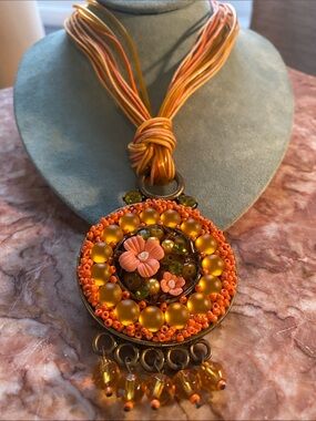 Artisan Boho Statement Pendant Necklace Orange Beaded Floral Medallion & Cord